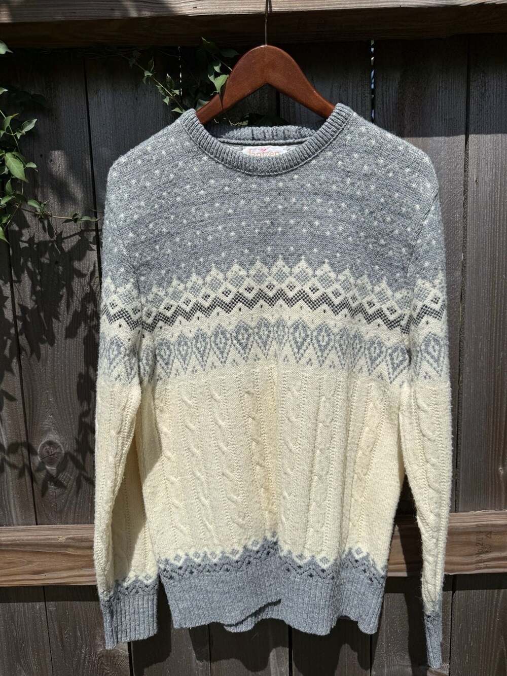 Jantzen Fair Isle Cable Knit Sweater Size M Grey Cream Vintage
